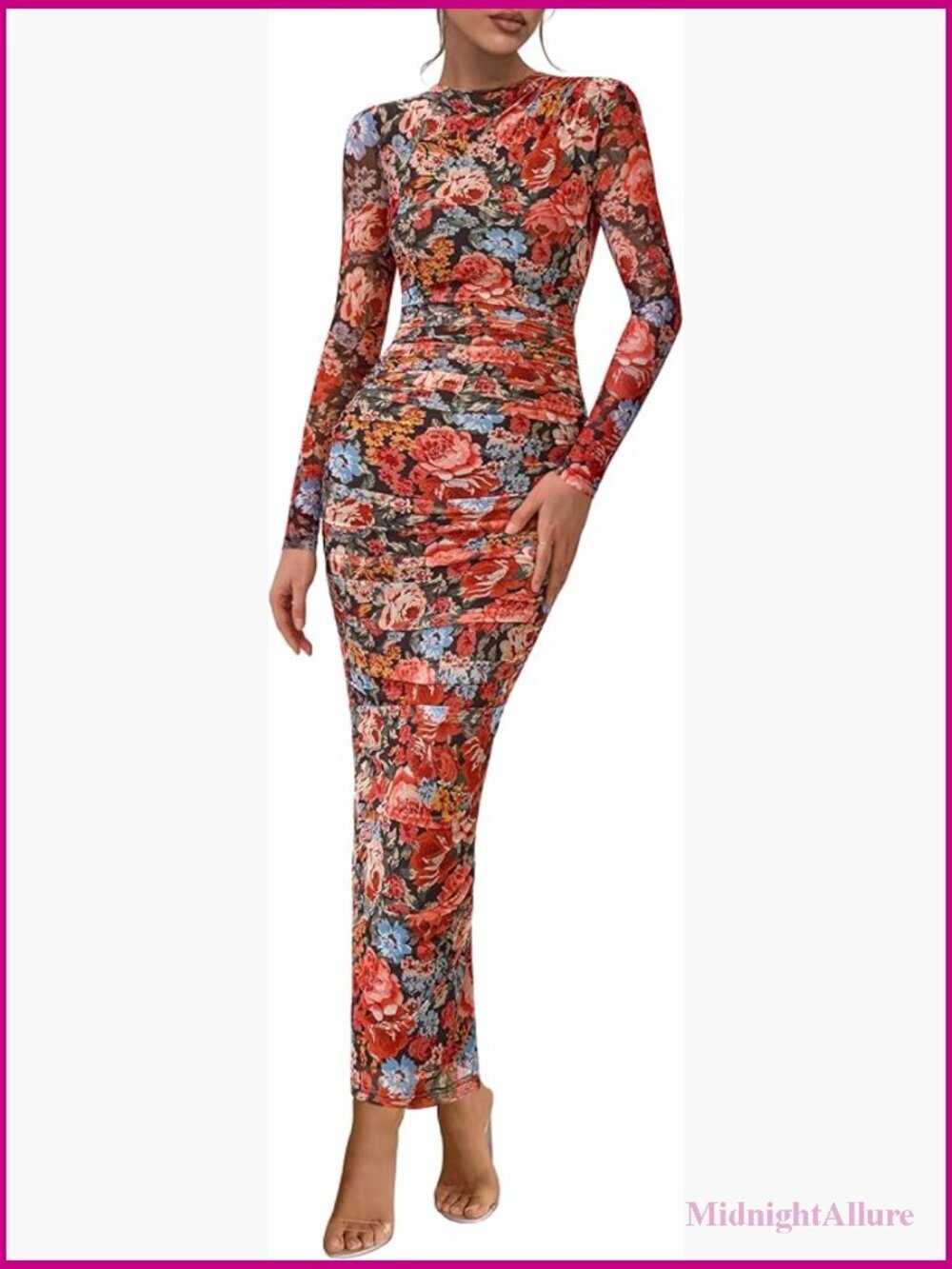 Long Sleeve Maxi Dress Ruched Bodycon Formal Mesh Wedding Cocktail Party